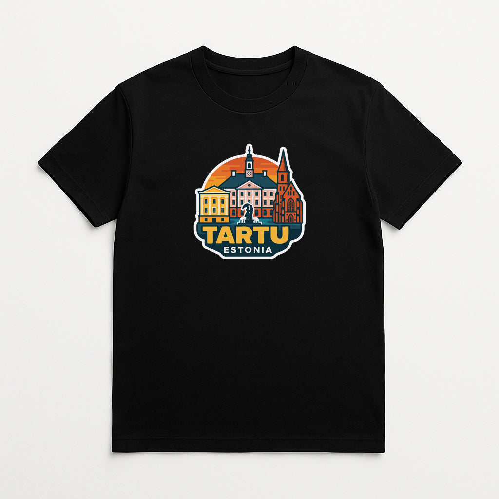 A black t-shirt with a graphic design depicting a cityscape of Tartu, Estonia.