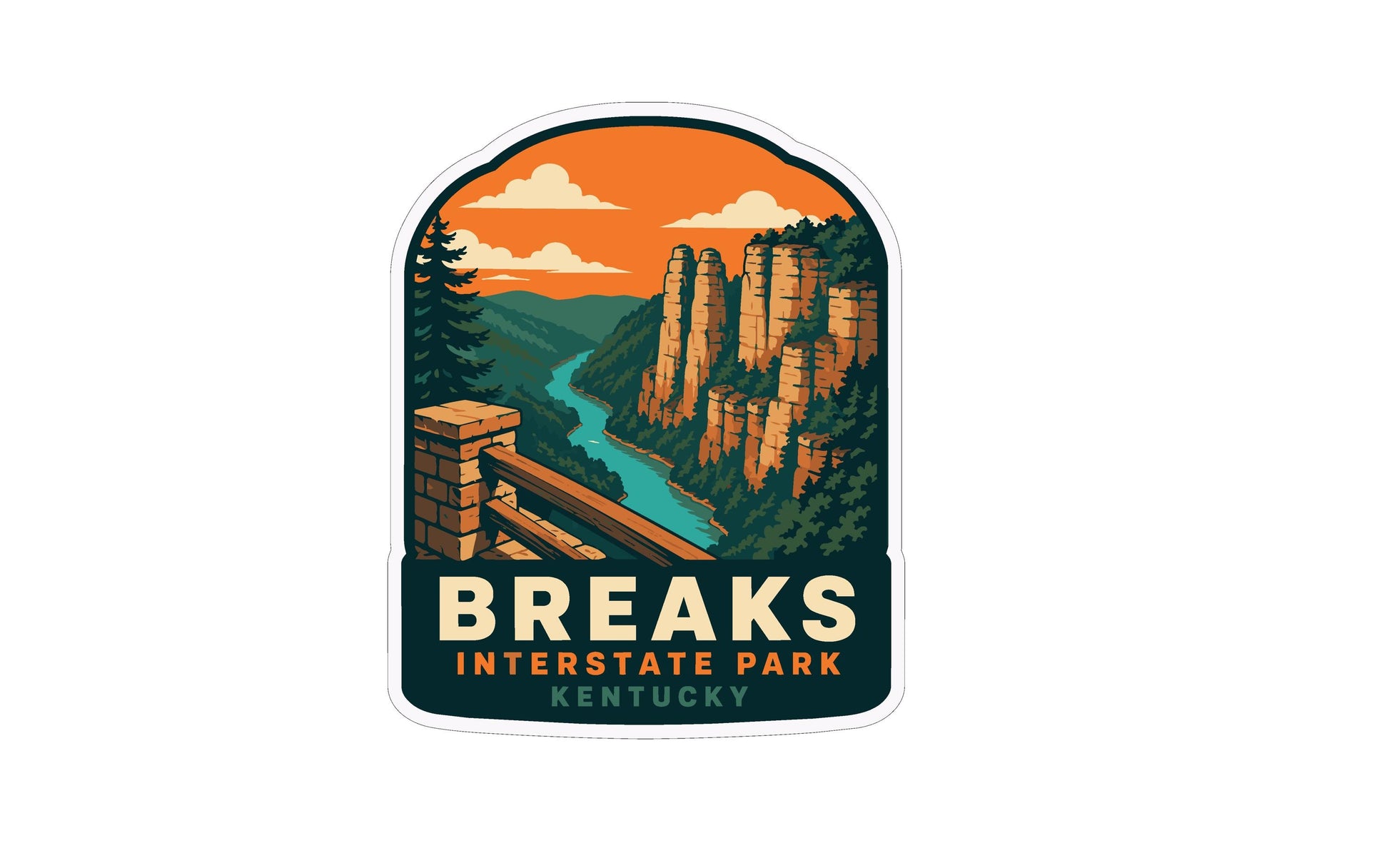A sticker depicting a scenic landscape with mountains, a river, and a bridge, with the text "BREAKS INTERSTATE PARK KENTUCKY" prominently displayed.