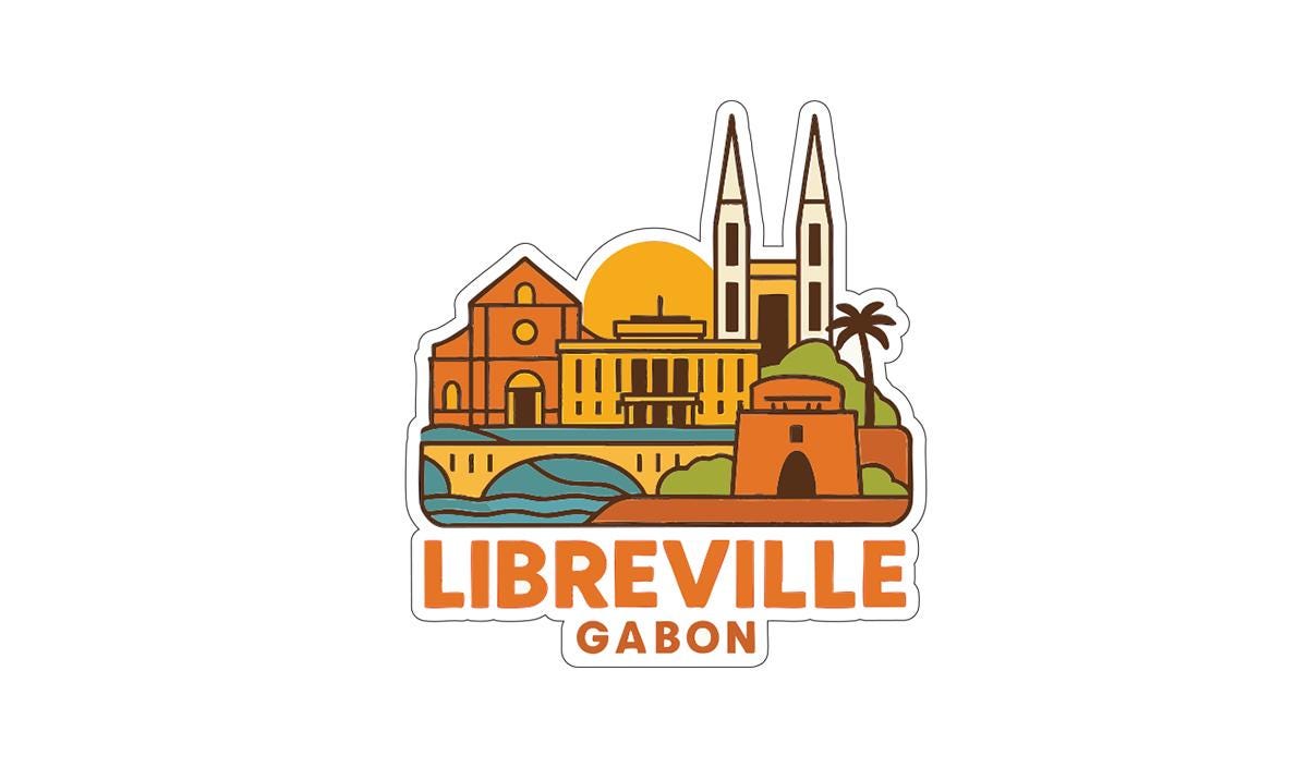 a stylized illustration of the city of Libreville, Gabon, with various landmarks and buildings depicted in a colorful and artistic manner.