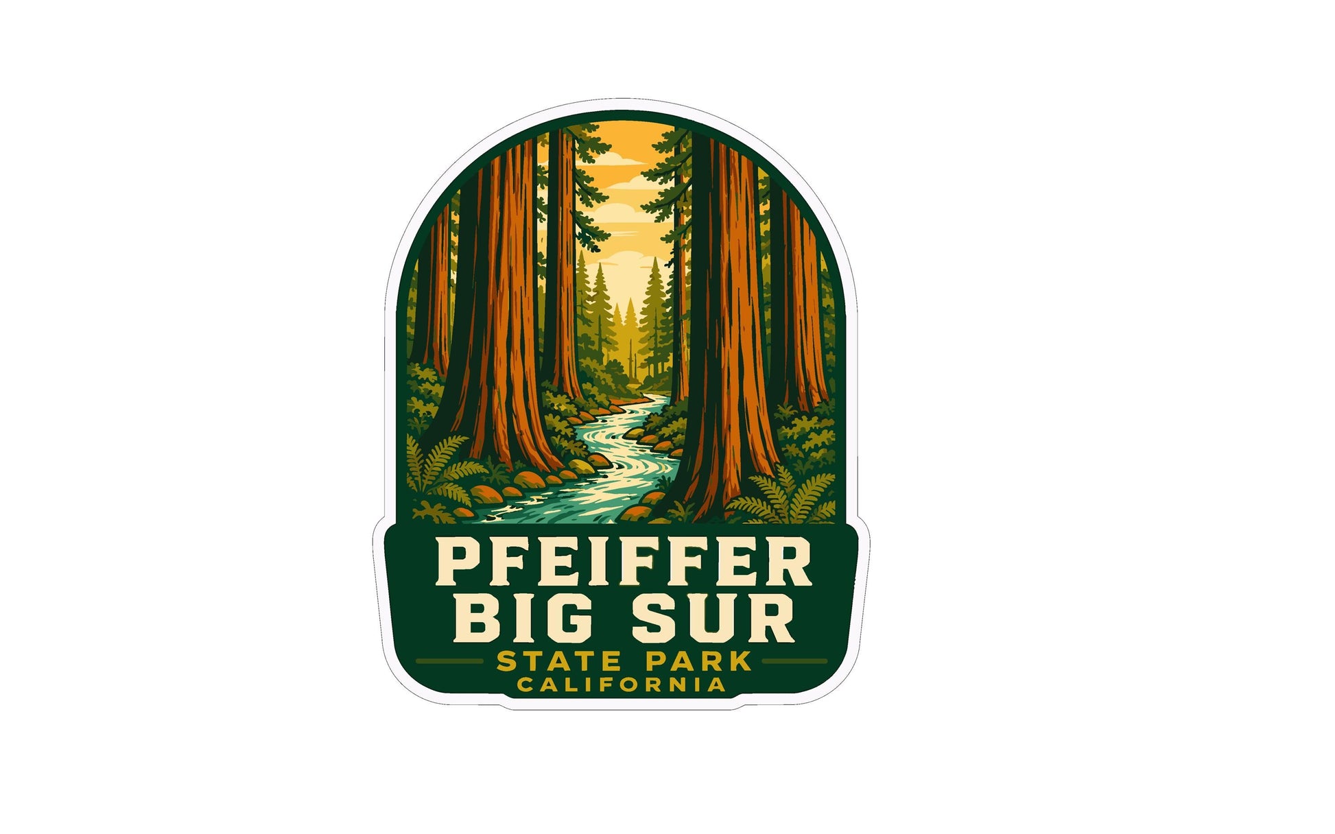 A sticker or label featuring a scenic image of a forest with tall trees, a winding river, and a sunset sky.