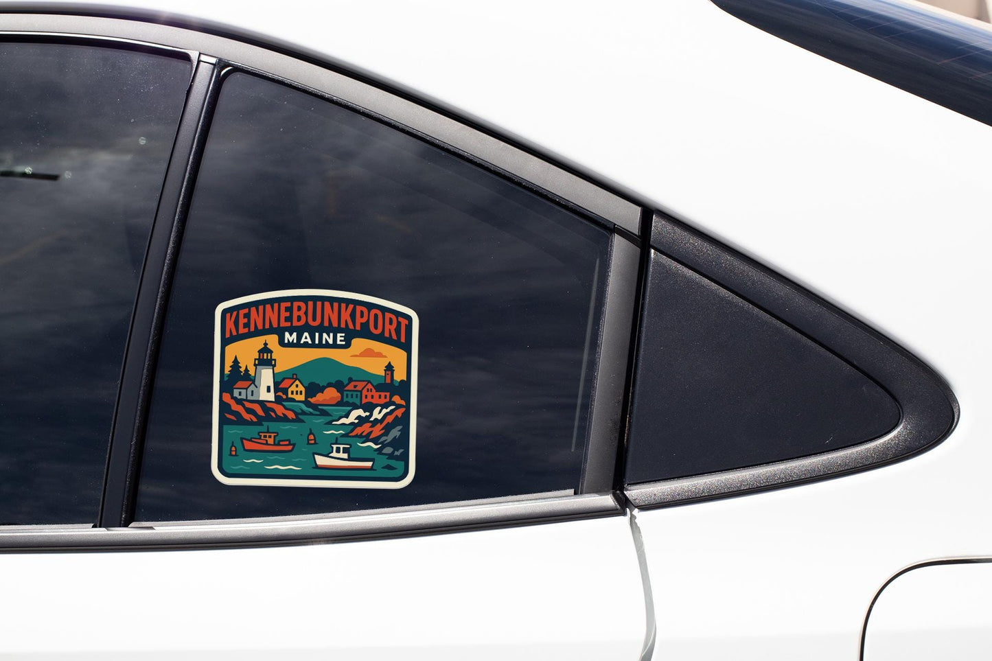 A sticker on the side of a car window, depicting a scenic view of Kennebunkport, Maine.