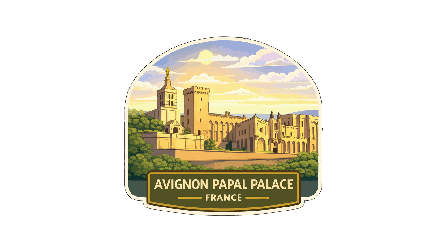 the Avignon Papal Palace in France, which is a large and ornate structure with a tower and multiple buildings. The palace is set against a backdrop of a cloudy sky and lush greenery, creating a picturesque scene.