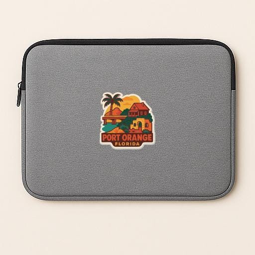 A gray laptop sleeve with a colorful sticker depicting a tropical scene and the text "PORT ORANGE FLORIDA".