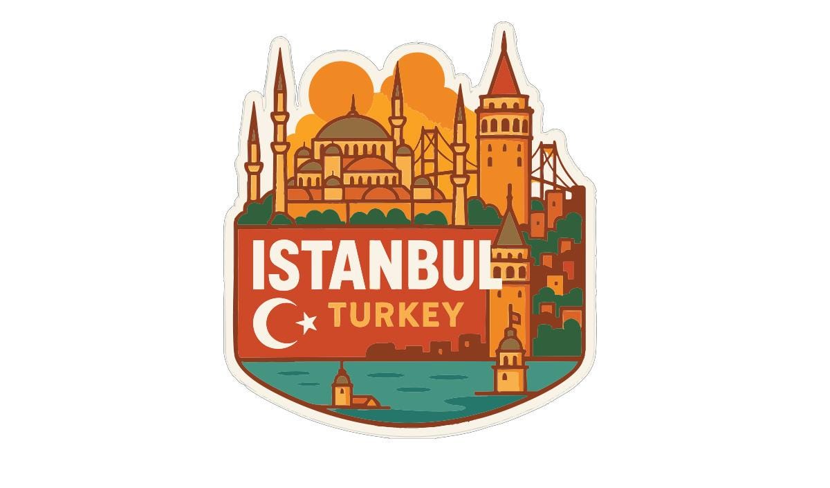 a stylized illustration of Istanbul, Turkey, with various landmarks and architectural elements such as the Hagia Sophia, the Blue Mosque, and the Blue Mosque's minarets.