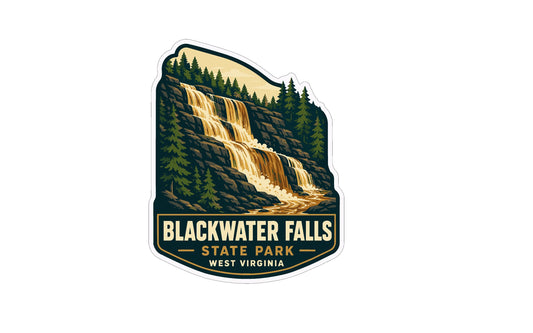 A sticker depicting the scenic Blackwater Falls in State Park West Virginia.