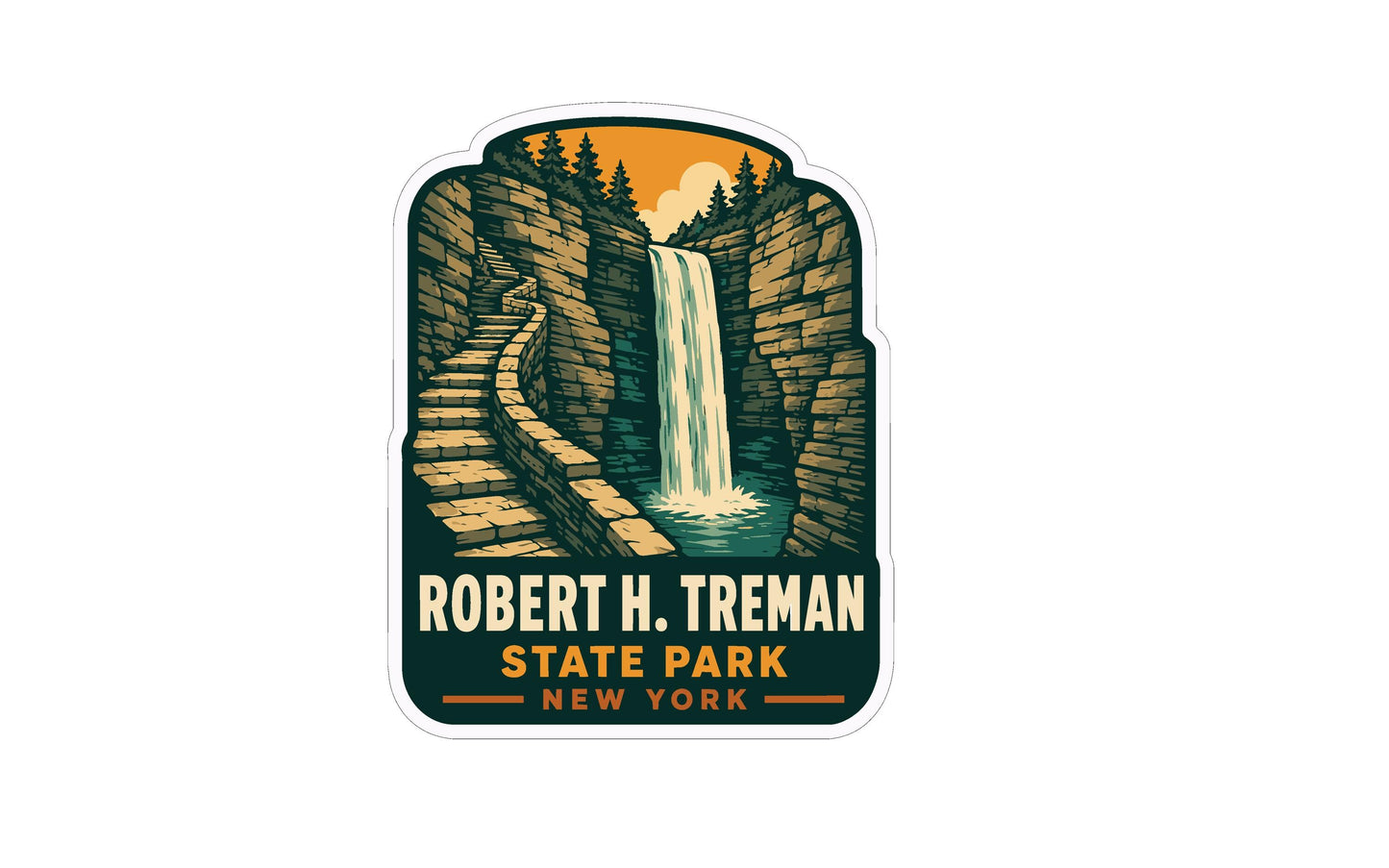 A sticker depicting a waterfall surrounded by a forest, with a staircase leading up to the waterfall.