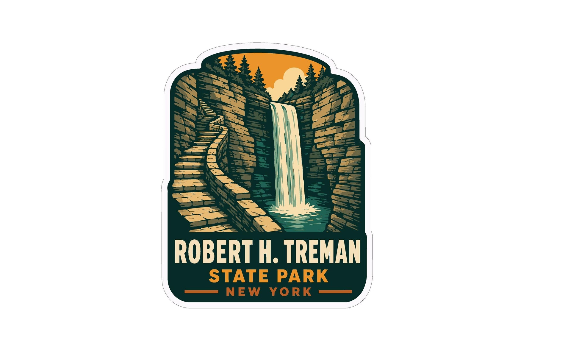 A sticker depicting a waterfall surrounded by a forest, with a staircase leading up to the waterfall.