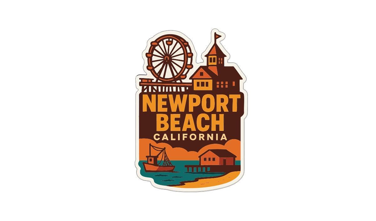 a sticker or emblem with various elements representing Newport Beach, California. It includes a ferris wheel, a lighthouse, a boat, and a house, all set against a backdrop of a beach and ocean.