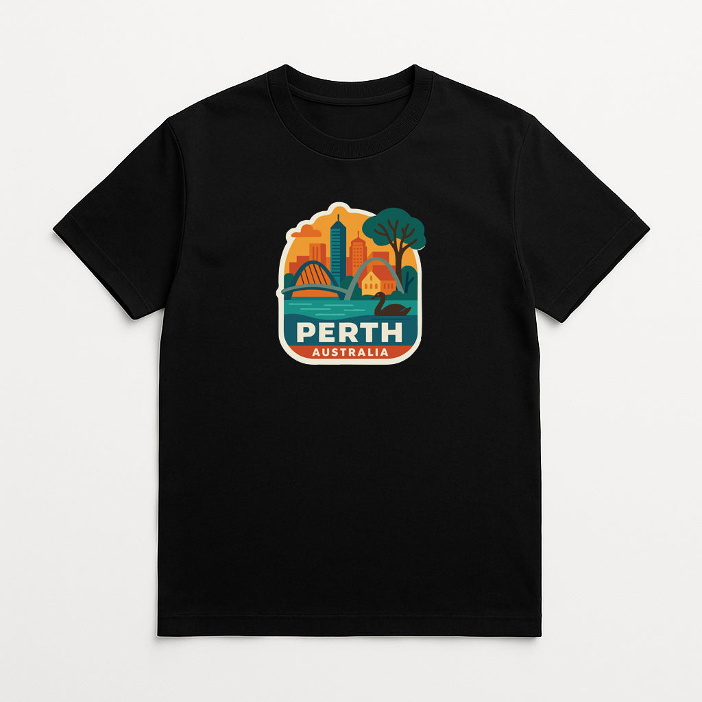 A black t-shirt with a graphic design depicting a cityscape and the text "PERTH AUSTRALIA" printed on it.