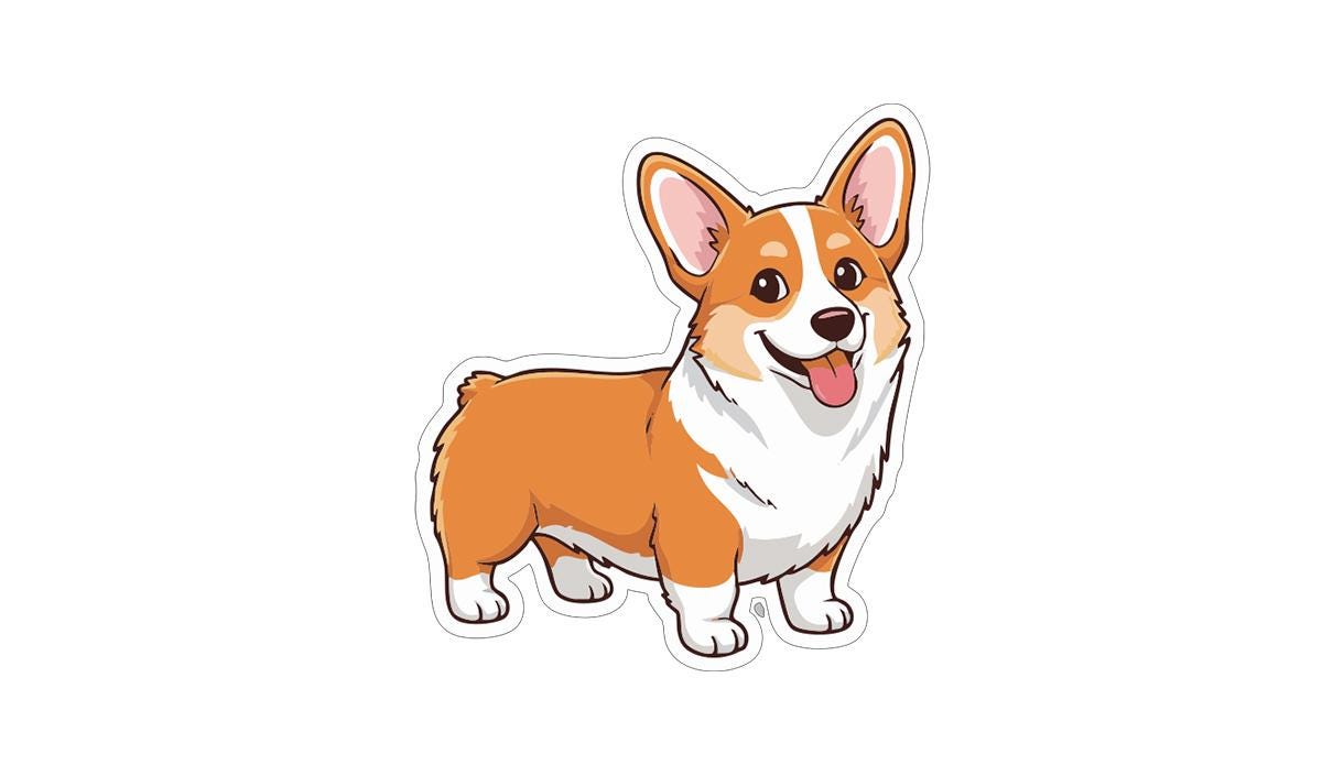 A cartoon illustration of a happy, smiling corgi dog.