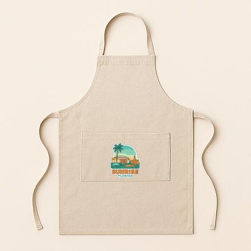 A beige apricot with a graphic design on the front pocket, featuring a palm tree and the text "SUNRISE CALIFORNIA".