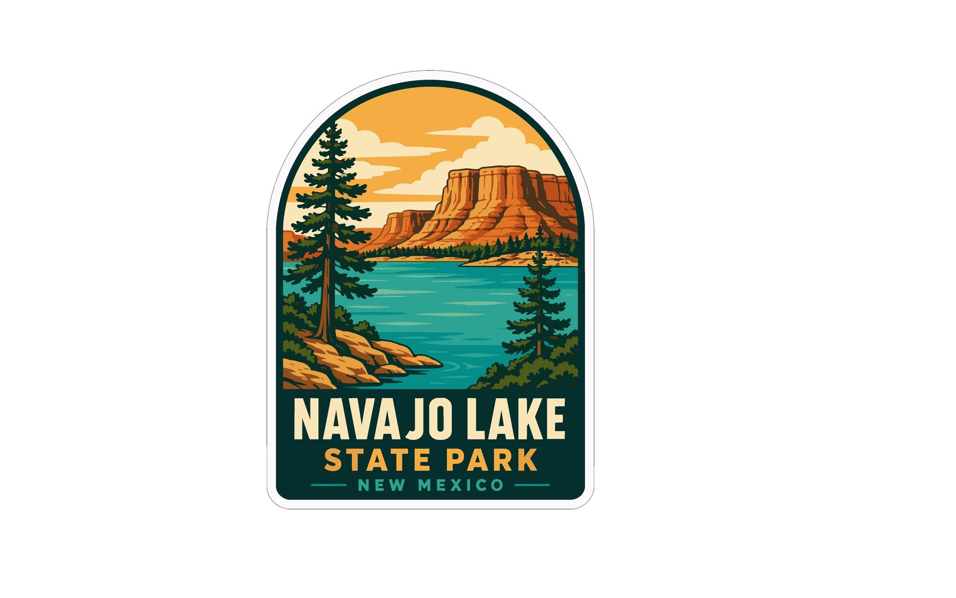 A sticker depicting the scenic landscape of NavaJO Lake, with a mountain range, pine trees, and a lake in the background.