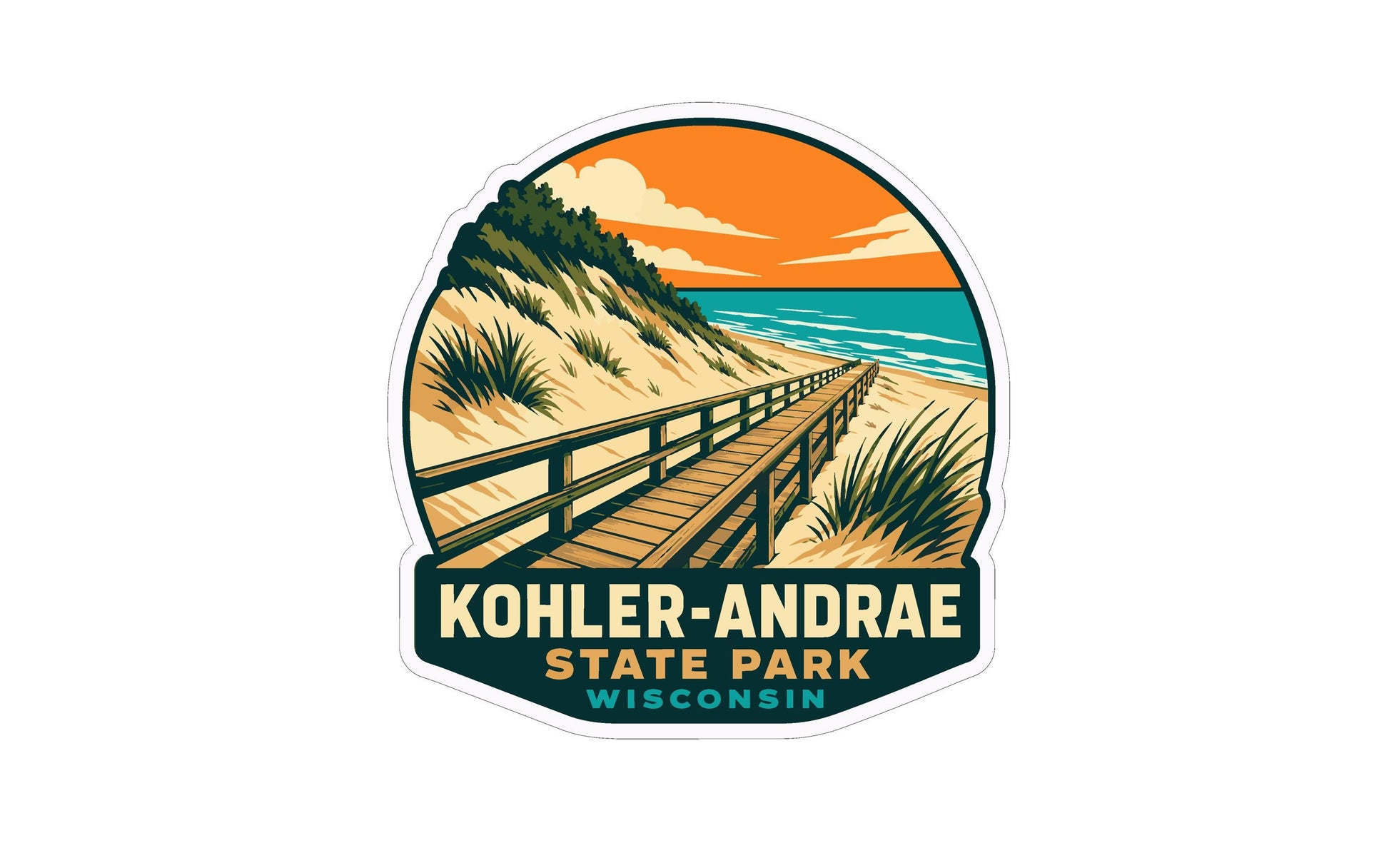 A sticker depicting a wooden boardwalk leading to a beach with a sunset in the background, surrounded by grass and trees.
