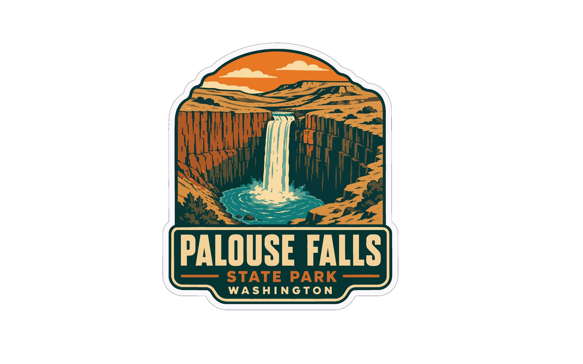 a sticker or emblem with a waterfall and mountains in the background, along with the text "Palouse Falls State Park Washington".