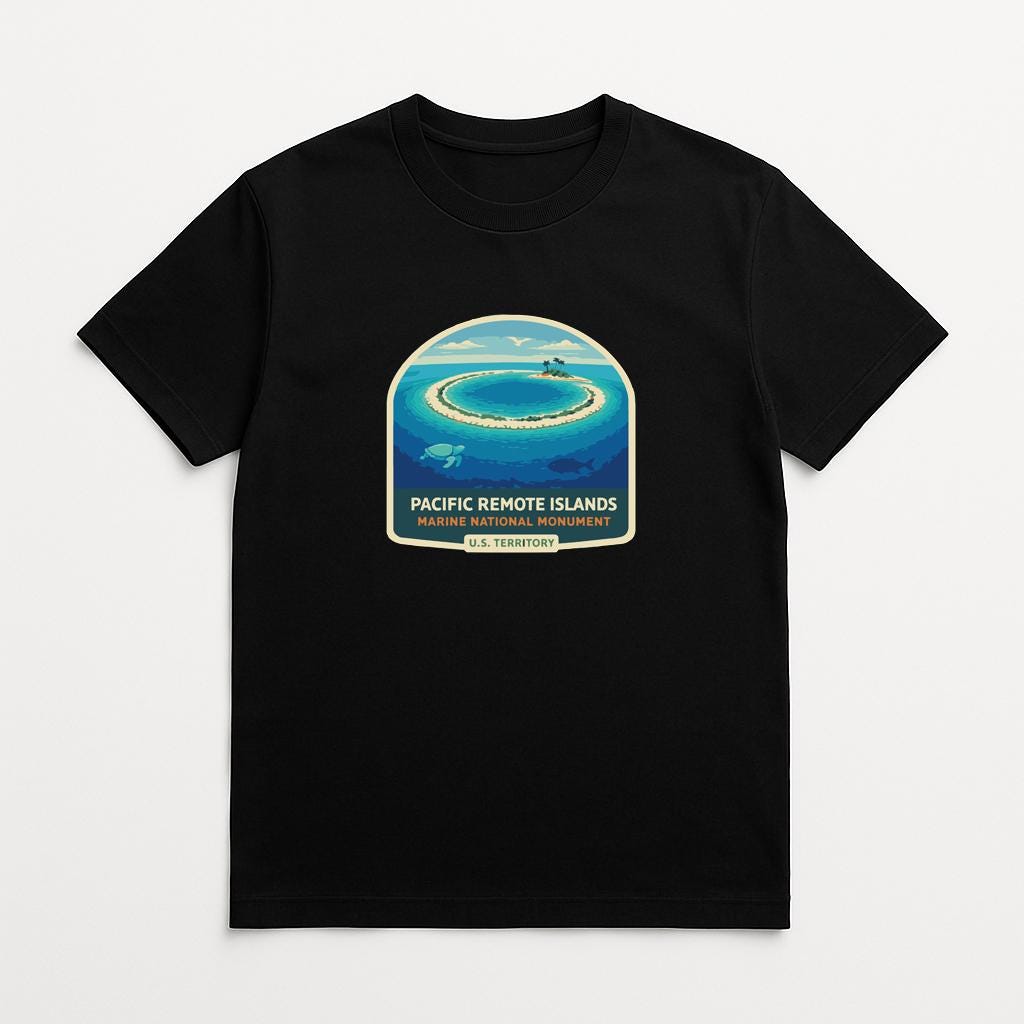 A black t-shirt with a graphic design depicting a tropical island surrounded by blue water, with a small boat visible in the water.