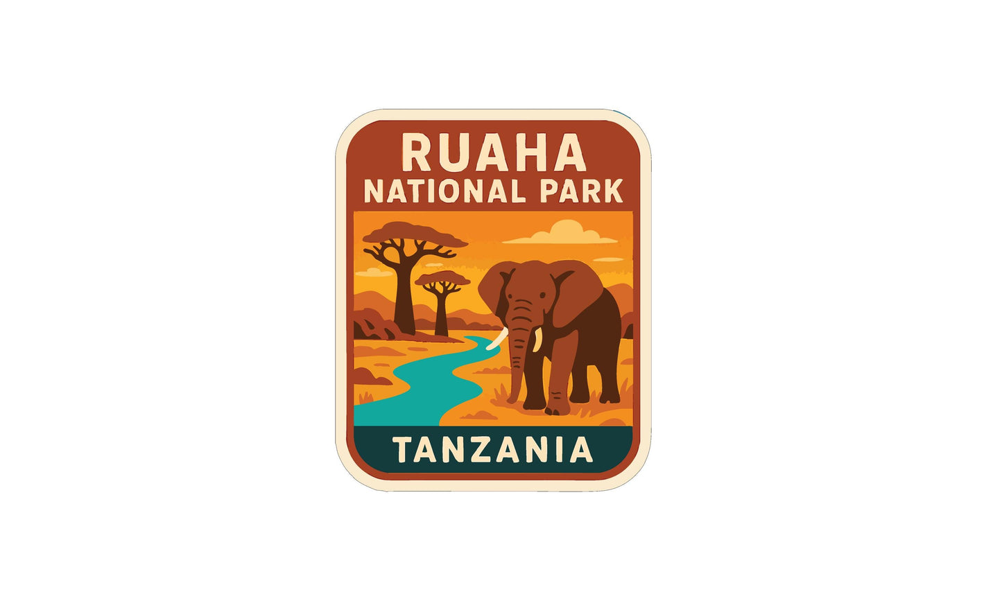 an illustration of an elephant in a natural setting, with the text "RUAHAN NATIONAL PARK TANZANIA" prominently displayed.