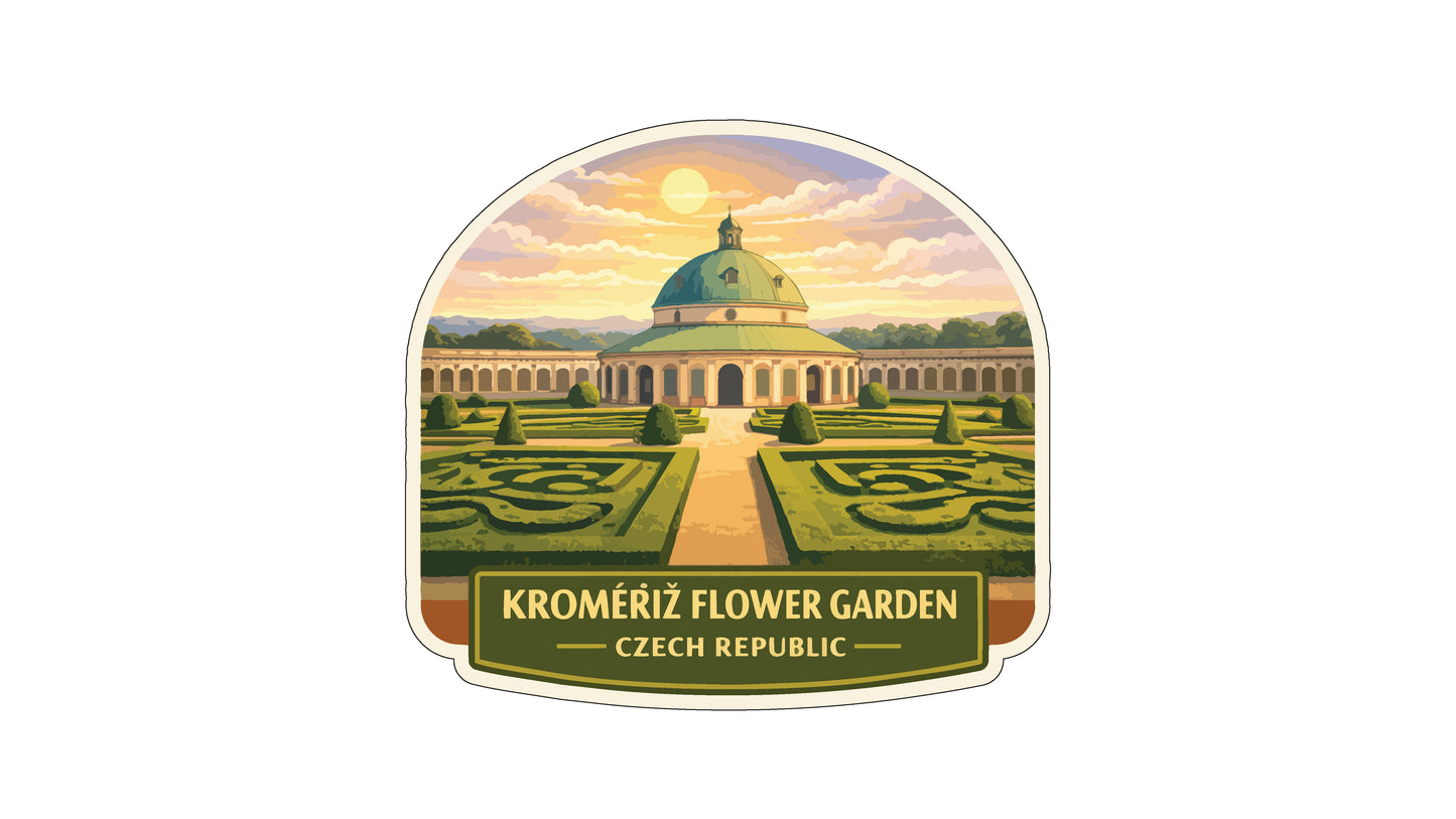 a circular emblem with a large dome and a well-manicured garden in the foreground. The text "Kromeriz Flower Garden" and "Czech Republic" are displayed below the emblem.