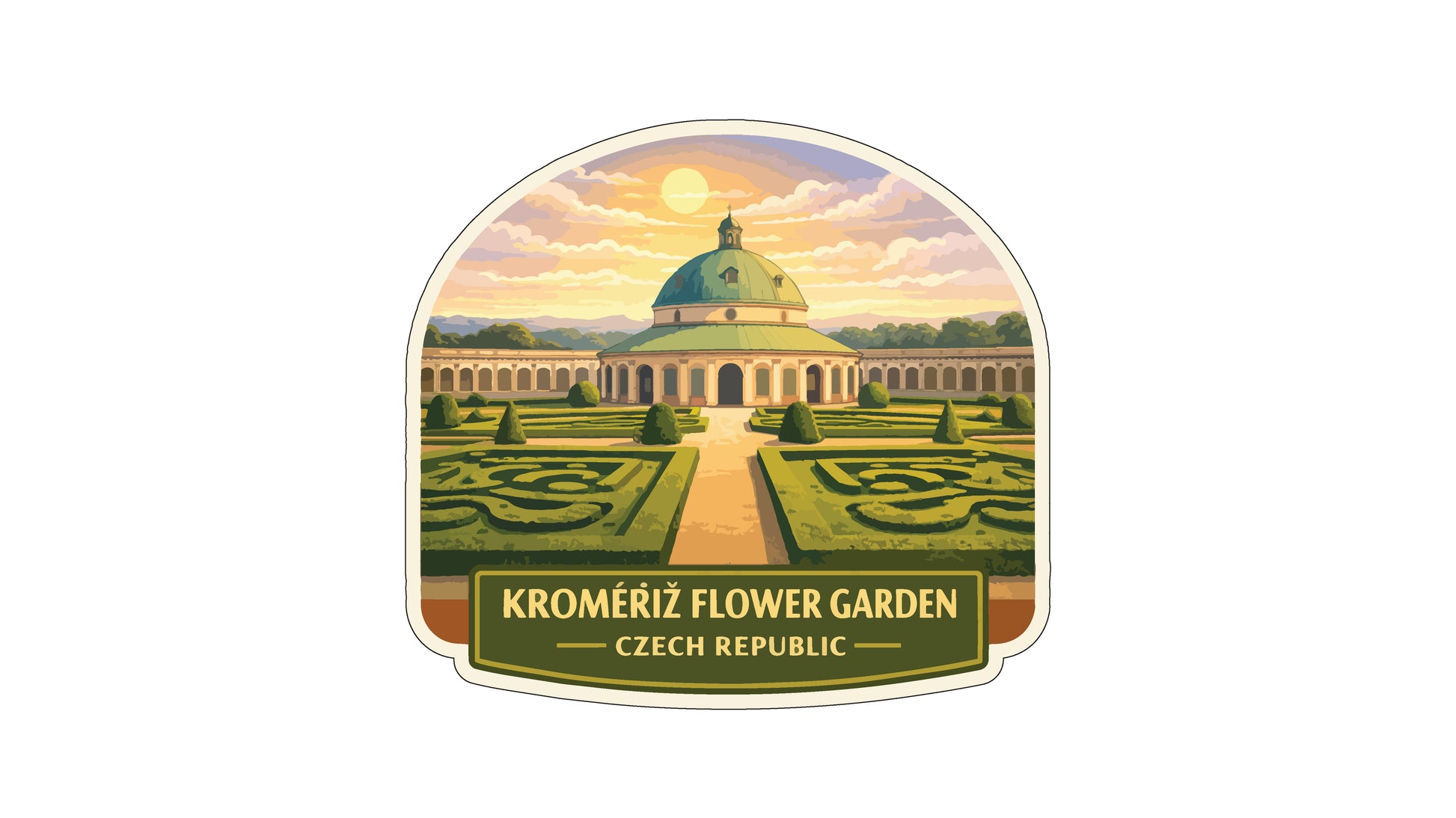 a circular emblem with a large dome and a well-manicured garden in the foreground. The text "Kromeriz Flower Garden" and "Czech Republic" are displayed below the emblem.