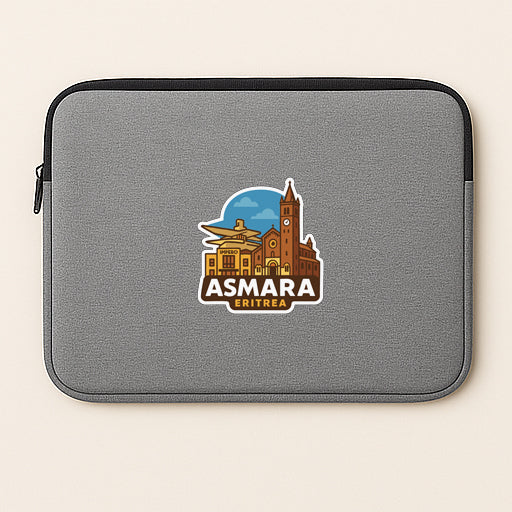 a gray laptop sleeve with a logo of Asmara Eritrea.