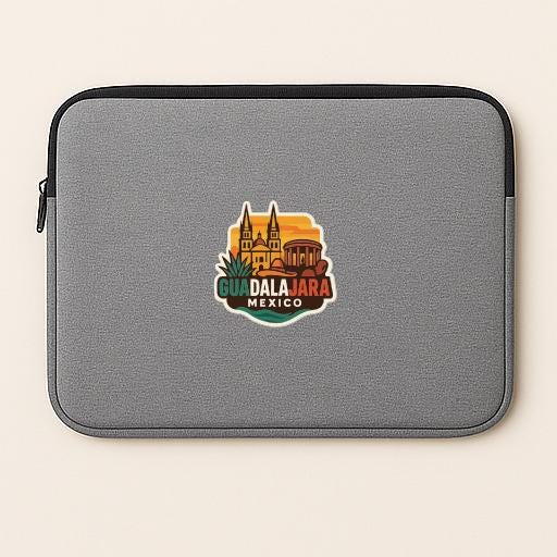 A gray laptop sleeve with a colorful sticker that says "GUADALA JARA MEXICO".