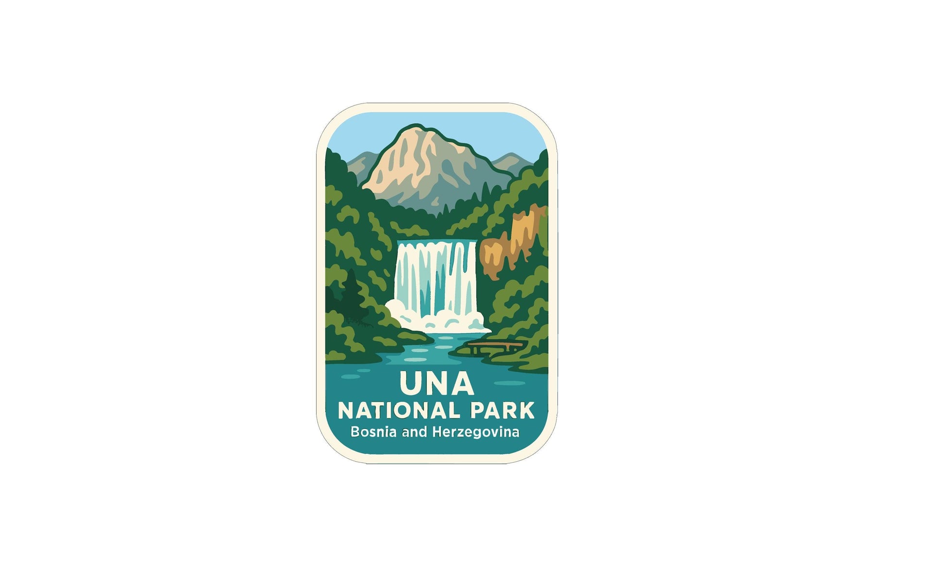 a logo for the Una National Park in Bosnia and Herzegovina, depicting a waterfall surrounded by lush greenery and mountains.