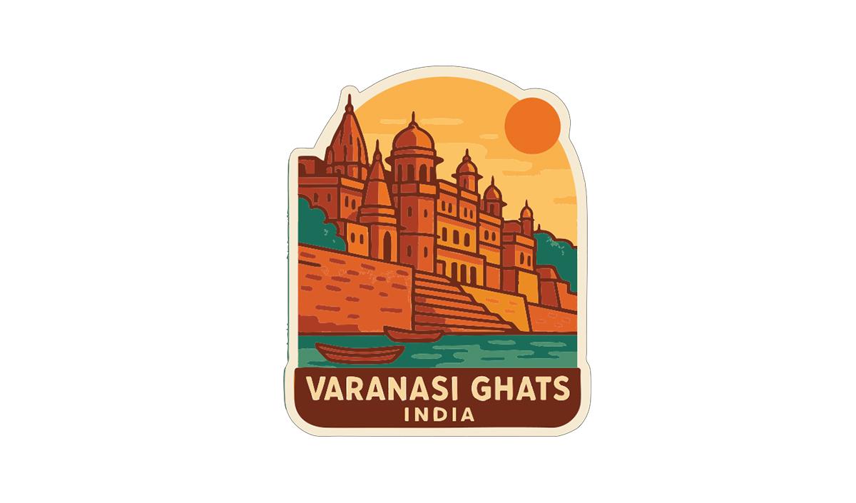 A sticker depicting the Varanasi Ghats in India, featuring a colorful illustration of the historic city with domed buildings, a river, and a boat.
