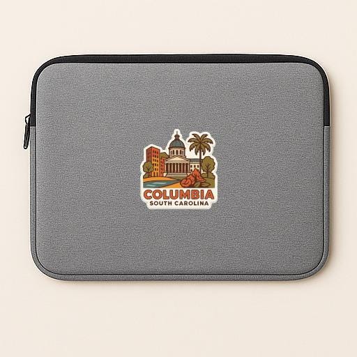 a gray laptop sleeve with a sticker depicting a cityscape and the text "Columbia South Carolina".