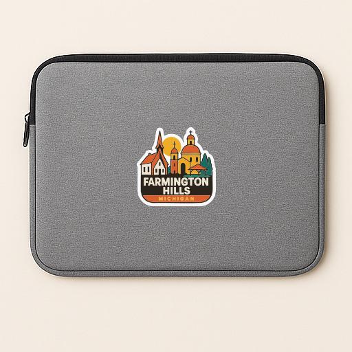 A gray laptop sleeve with a sticker depicting a cityscape and the text "Farmington Hills, Michigan".