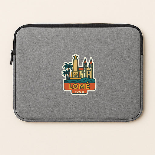 A gray laptop sleeve with a sticker depicting a cityscape and the text "LOME 100".