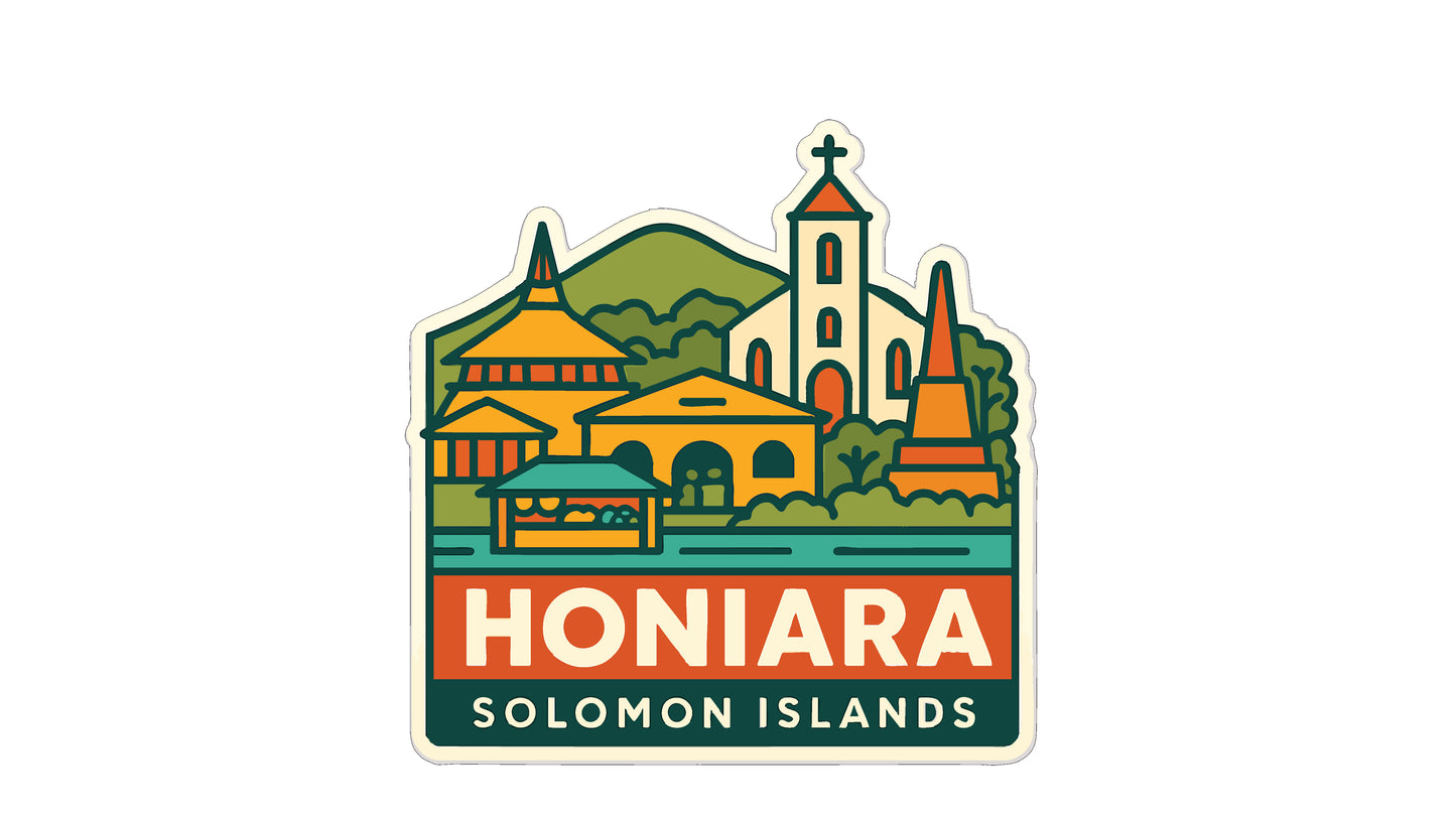 a sticker or logo depicting a cityscape with various buildings and landmarks, including a church and a mountain.