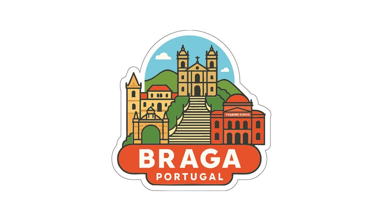 a sticker or emblem with a stylized illustration of the city of Braga, Portugal.