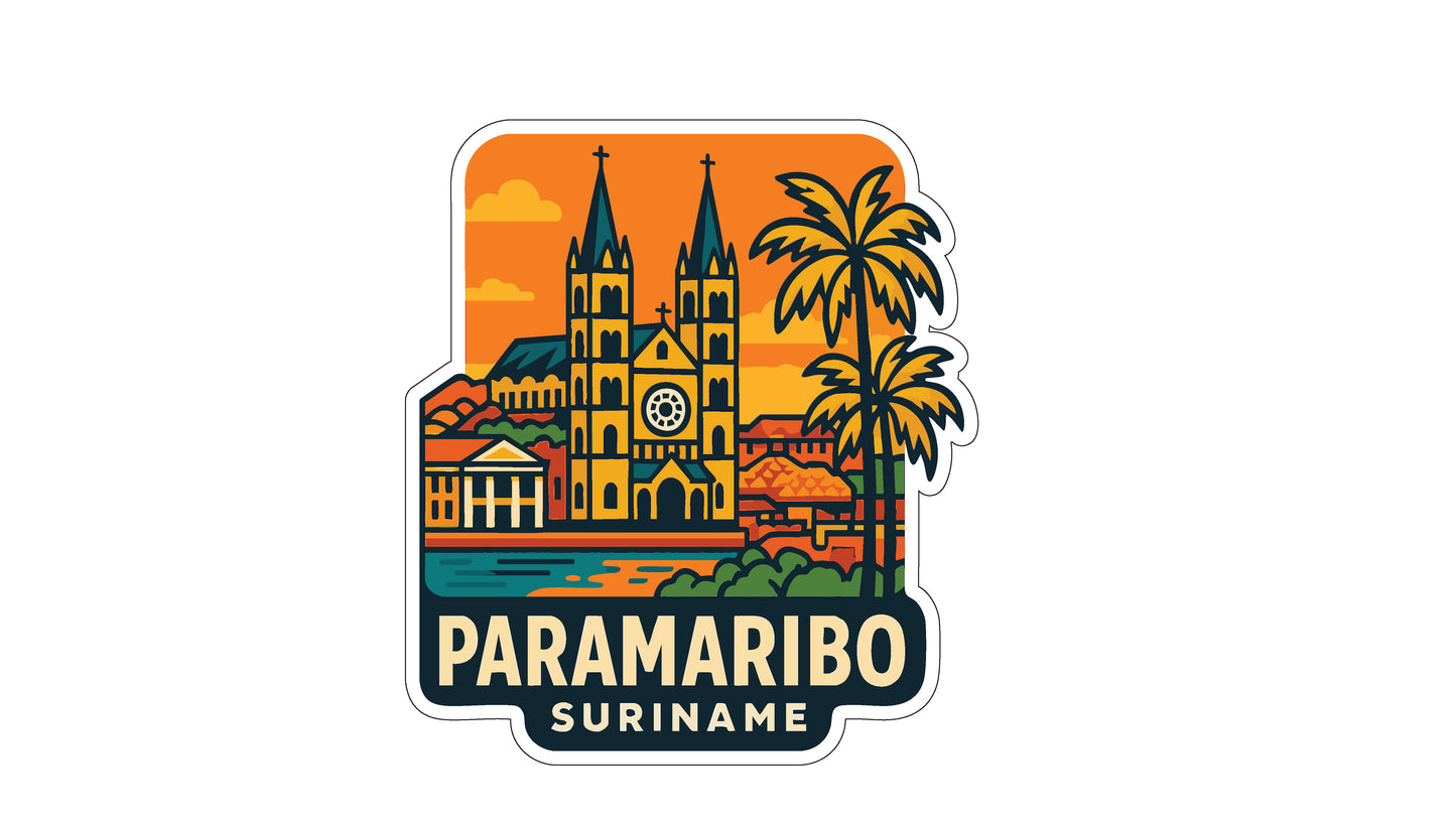 a sticker or logo with a stylized illustration of a cityscape, including a church, palm trees, and other buildings. The text "PARAMARIO SURINAME" is prominently displayed, indicating the name of the city.