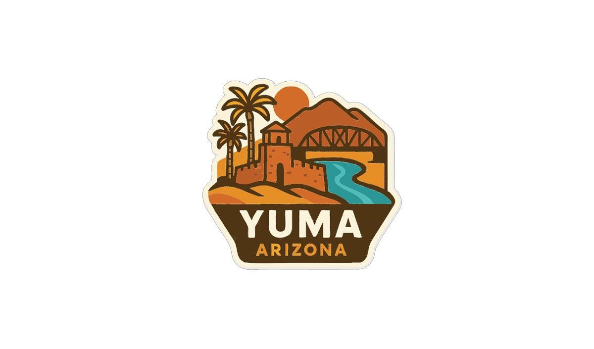 A sticker or logo depicting a tropical landscape with palm trees, mountains, a bridge, and a body of water, with the text "YUMA ARIZONA" prominently displayed.