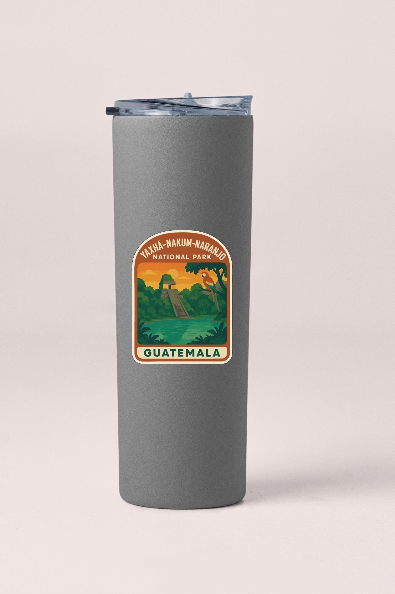 A gray tumbler with a label that says "Yakha-Nakum-Hablano National Park Guatemala".