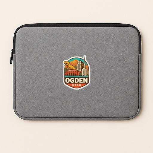 A gray laptop sleeve with a logo of Ogden, Utah, printed on it.