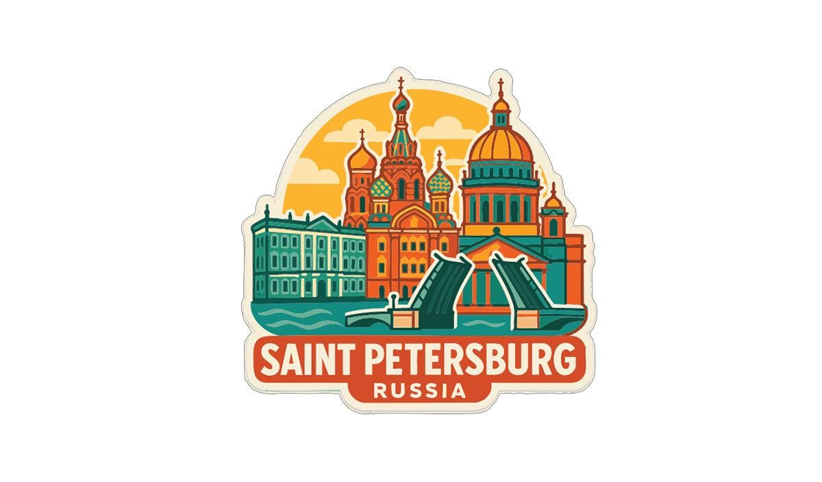A sticker depicting the iconic St. Petersburg Cathedral and its surrounding buildings, with the text "SAINT PETERSBURG RUSSIA" prominently displayed.
