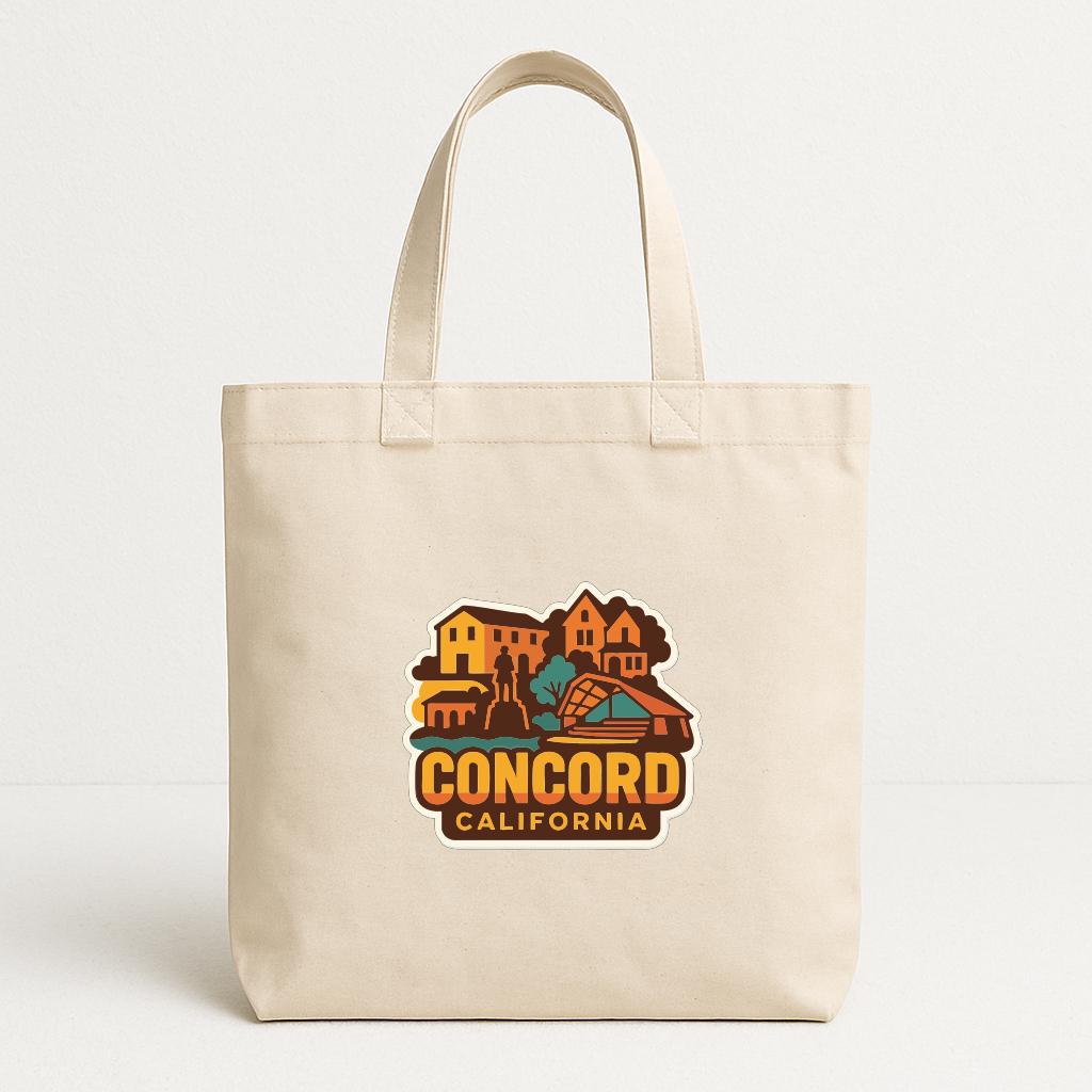 A beige tote bag with a colorful graphic of a town or city on it, along with the text "CONCORD, CALIFORNIA".
