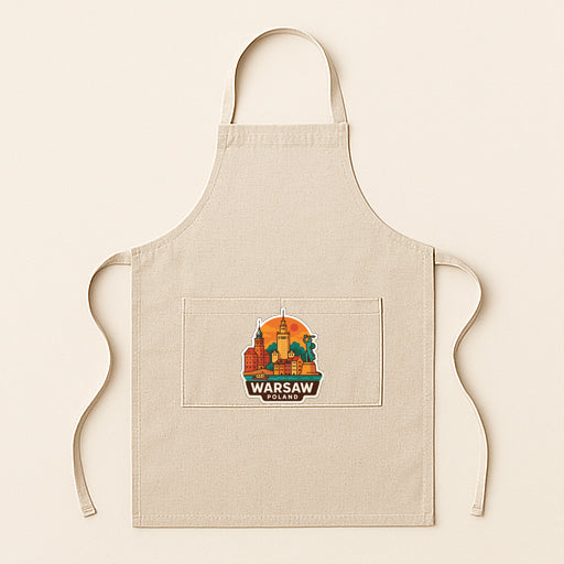 A beige apricot with a graphic of Warsaw, Poland, printed on it.
