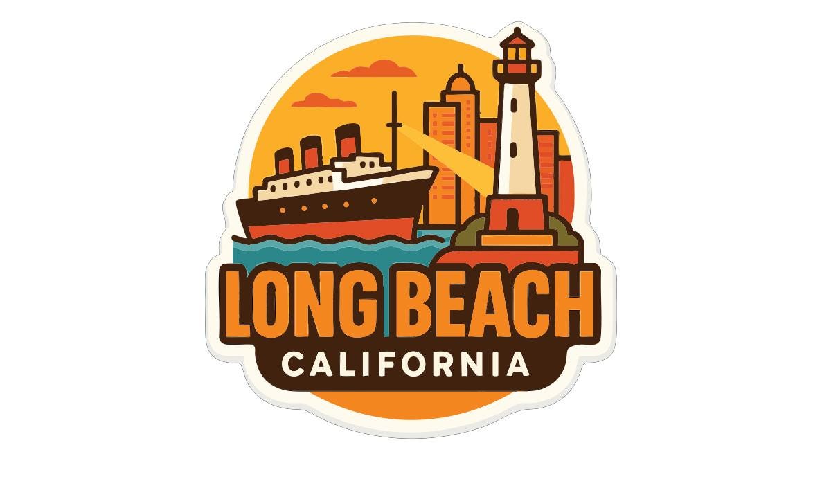 a sticker or logo with a ship, lighthouse, and city skyline, representing the Long Beach, California area.