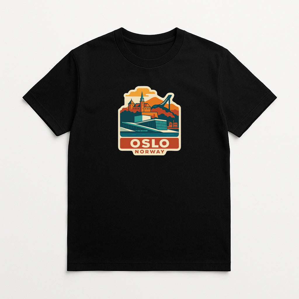 A black t-shirt with a graphic design depicting a cityscape and the text "OSLO NORWAY" printed on it.