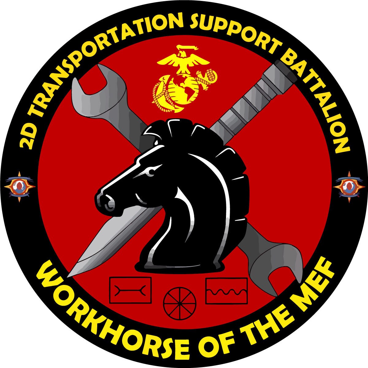 a black and red emblem with a horse and a sword