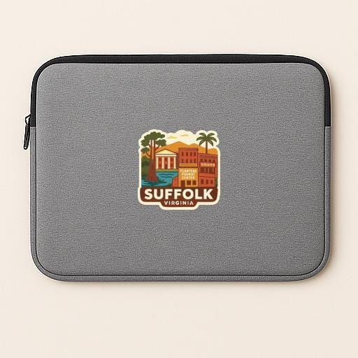 A gray laptop sleeve with a graphic design featuring a cityscape and the text "SUFFOLK VIRGINIA".