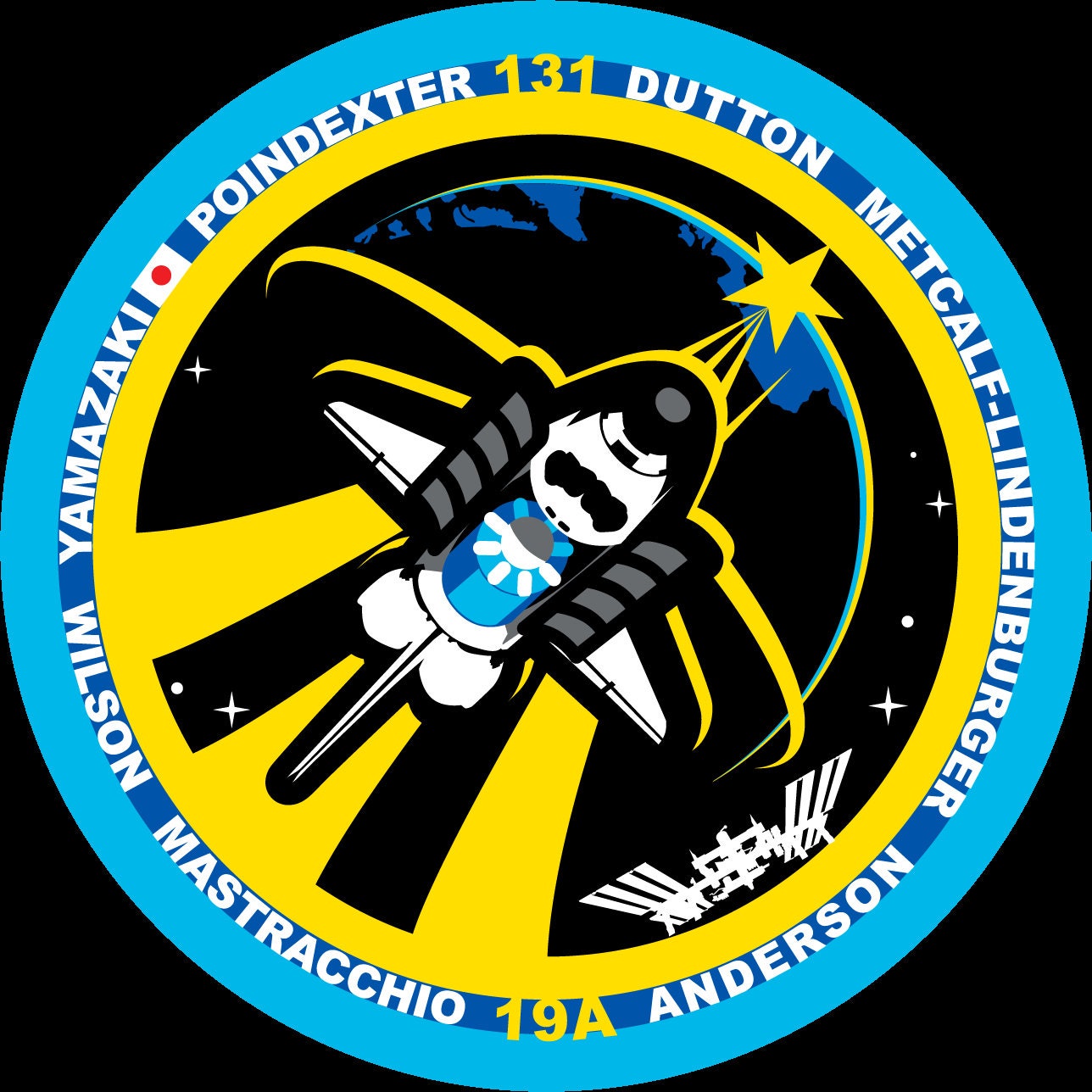 a blue and yellow emblem with a rocket on it