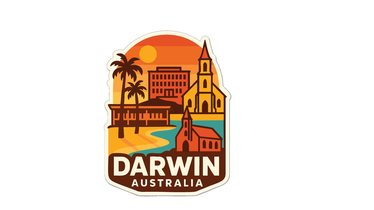 A sticker depicting the city of Darwin, Australia, with a sunset in the background and various landmarks such as a church and a building.