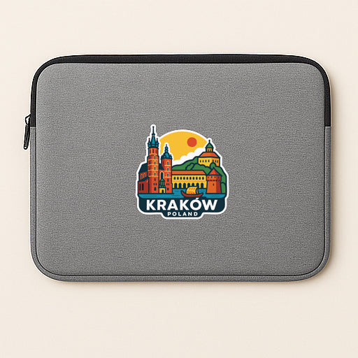 A gray laptop sleeve with a colorful graphic of the Krakow, Poland skyline.