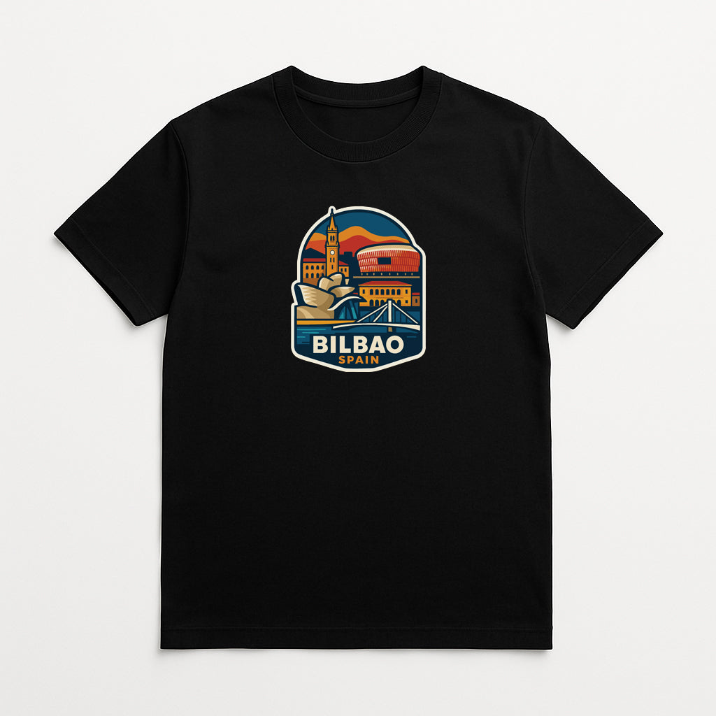 A black t-shirt with a graphic design featuring a cityscape and the text "BILBao" printed on it.