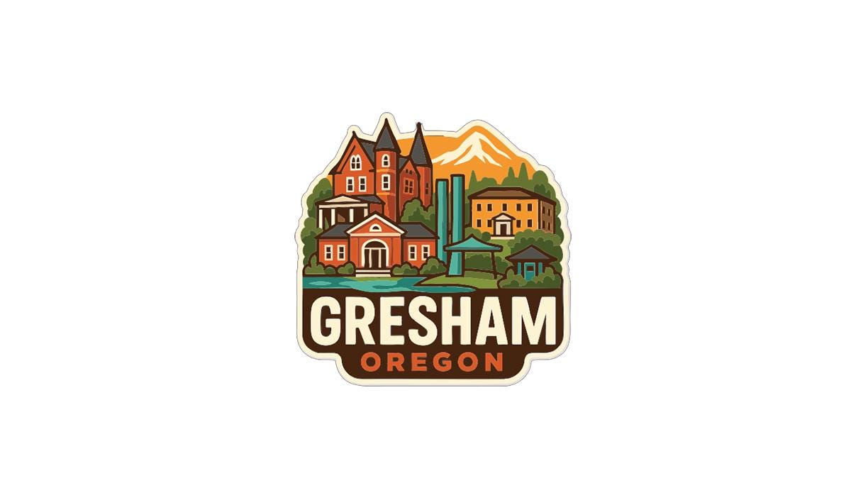 A colorful sticker or emblem featuring the city of Gresham, Oregon, with various buildings, landmarks, and a mountain in the background.