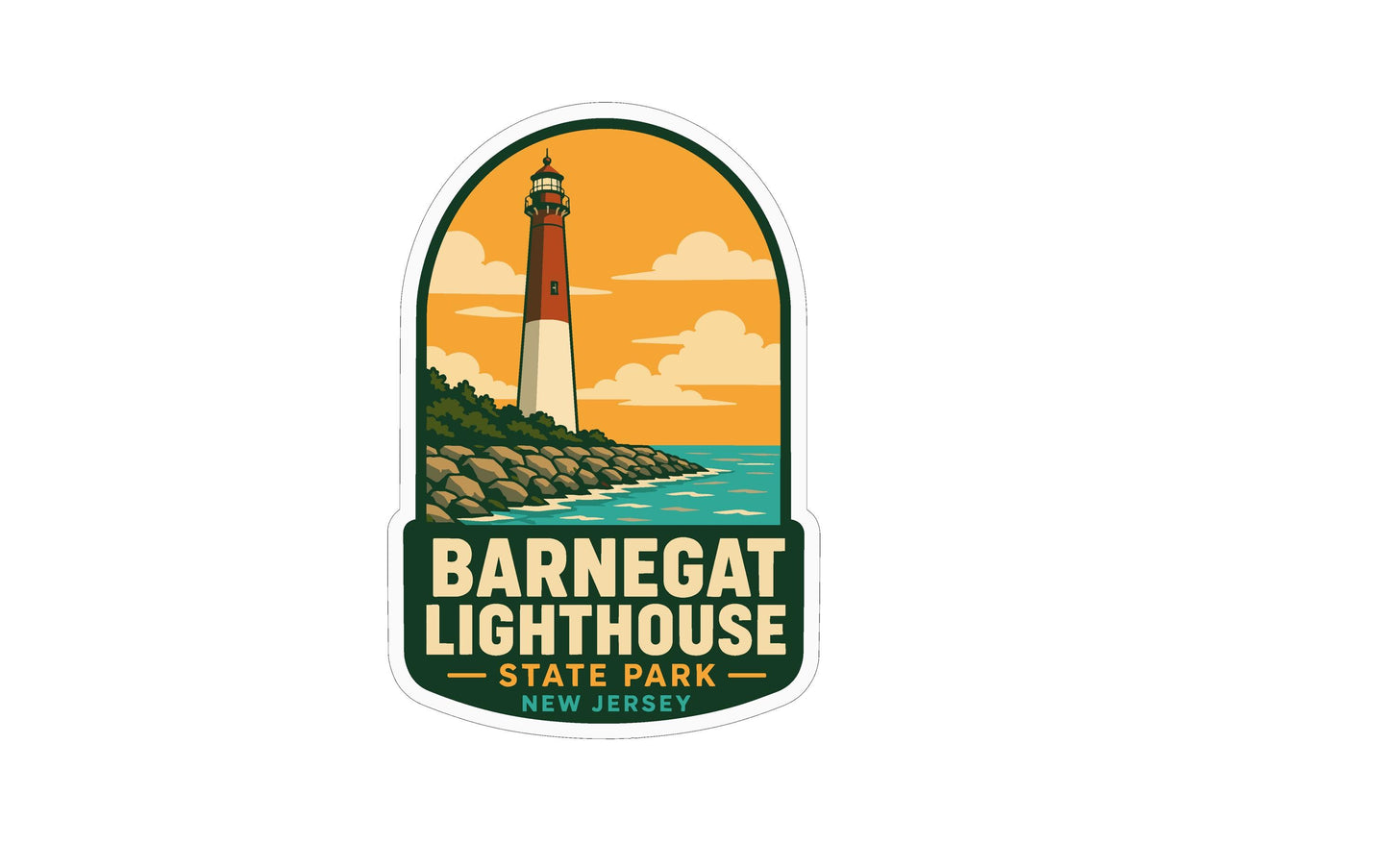 A sticker or label featuring the Barnes Lighthouse, a lighthouse located in New Jersey.