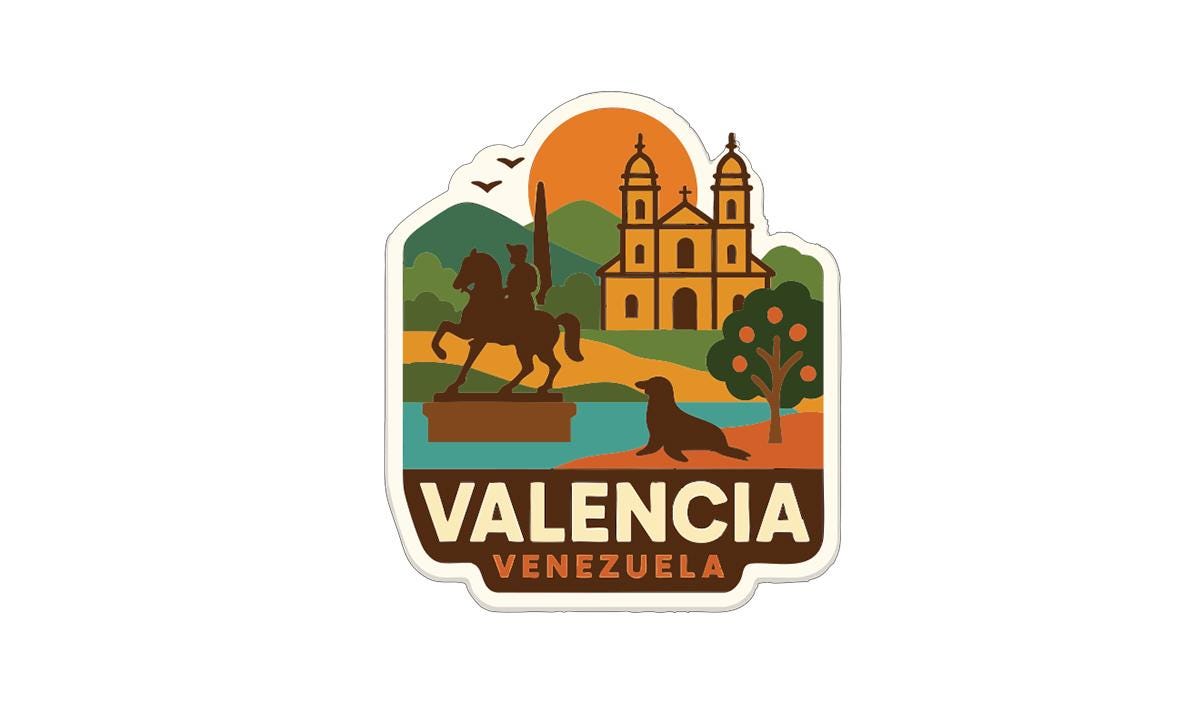 The image is a sticker or emblem featuring the city of ValENCIA, Venezuela. It includes a statue of a man on a horse, a church, a palm tree, and a seal. The text "VALENCIA VENEZUELA" is prominently displayed, indicating the location of the city.