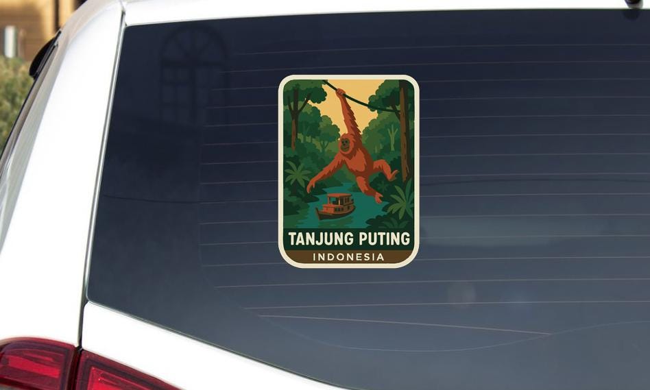 A sticker on the rear window of a car that features an illustration of an orangutan in a jungle setting, with the text "TANJUNG PUTING INDONESIA".